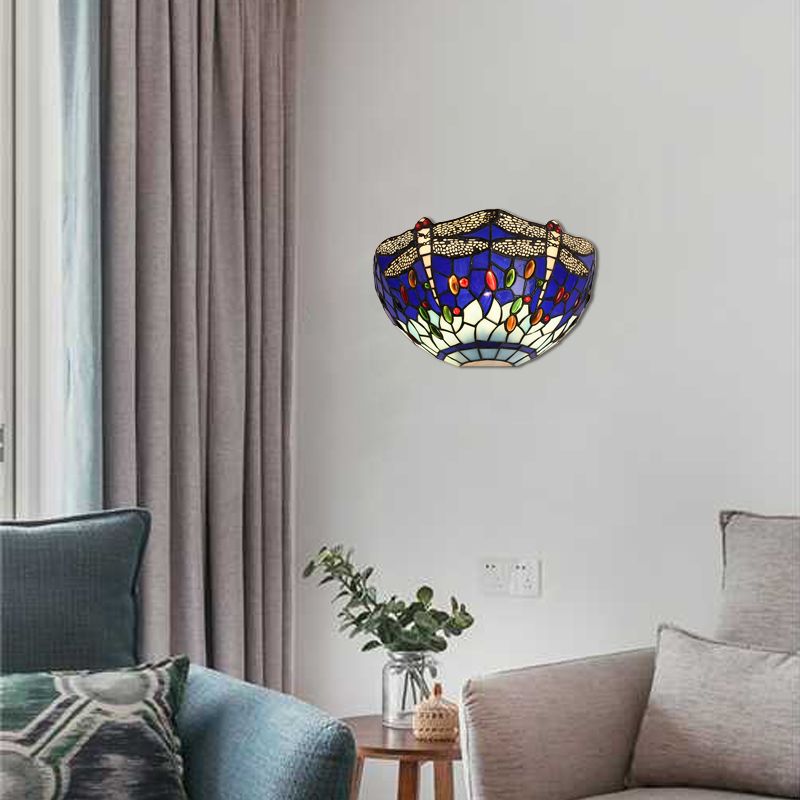 Half-Bowl Wall Light with Dragonfly and Jewel Tiffany Stained Glass Wall Sconce in Red/Blue for Cafe