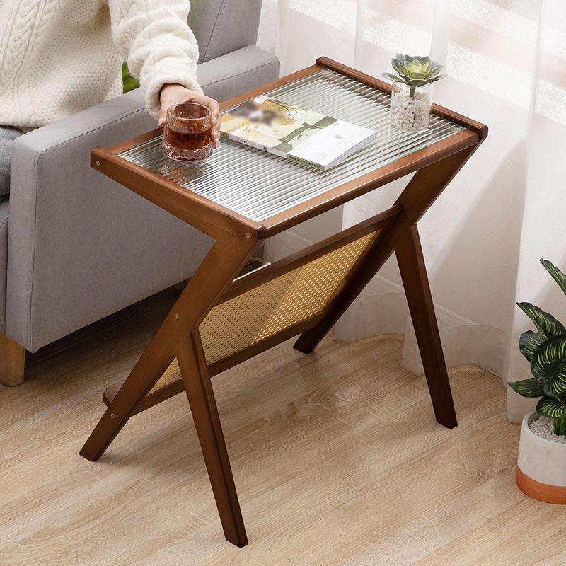 Asian Style Accent Side Table Wood and Glass with Storage and Shelf Corner Table