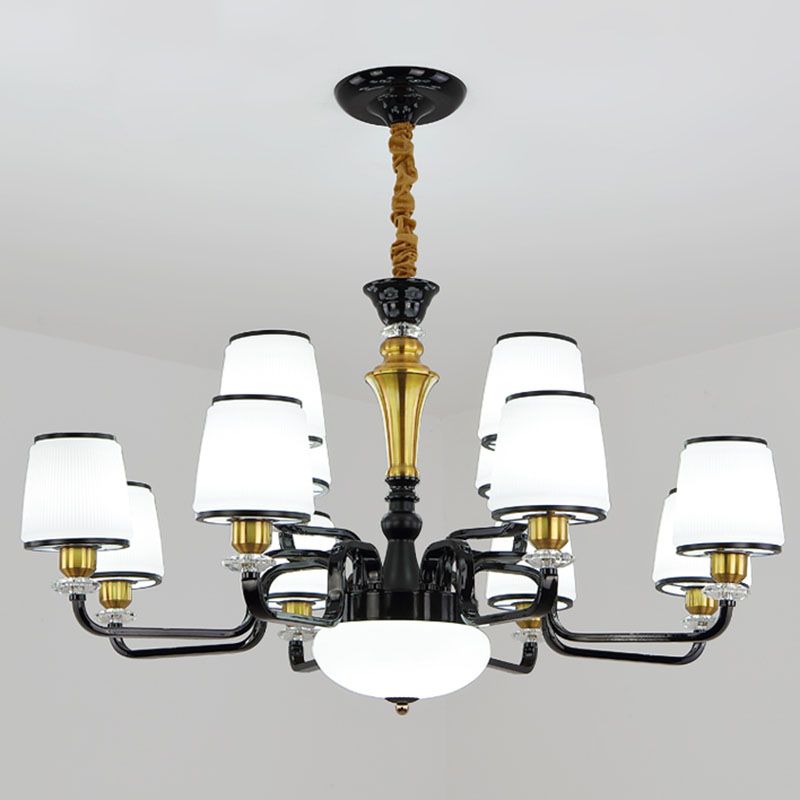 White Glass Barrel Drop Lamp Contemporary Black Chandelier Light Fixture for Dining Room