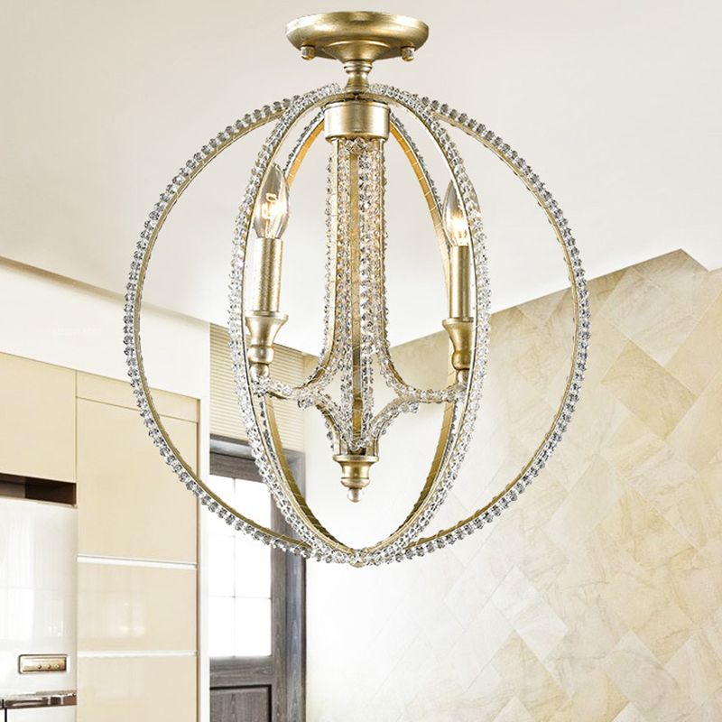 Crystal Gold Finish Semi Flush Lighting Globe 3 Heads Traditional Close to Ceiling Lamp for Living Room