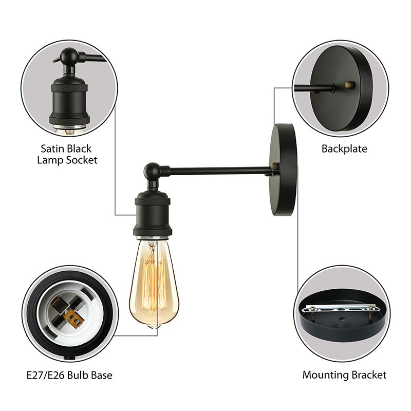 Finition noire / laiton 1 lampe à tête lampe industrielle en métal mini éclairage d'applications avec une ampoule nue pour la chambre