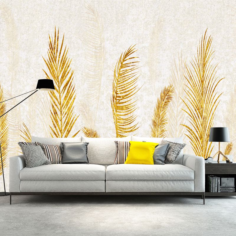 Yellow Feather Pattern Murals Wallpaper Moisture Resistant Contemporary Home Wall Decor
