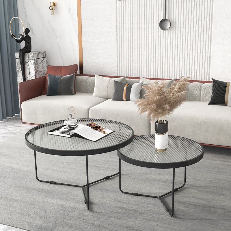 Round Clear Glass Cocktail Table Set Contemporary Cross Legs Coffee Table in Black