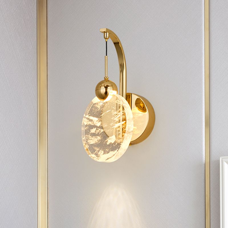 Round Corridor Wall Lighting Clear Crystal LED Minimalism Wall Mounted Light with Bent Arm in Gold
