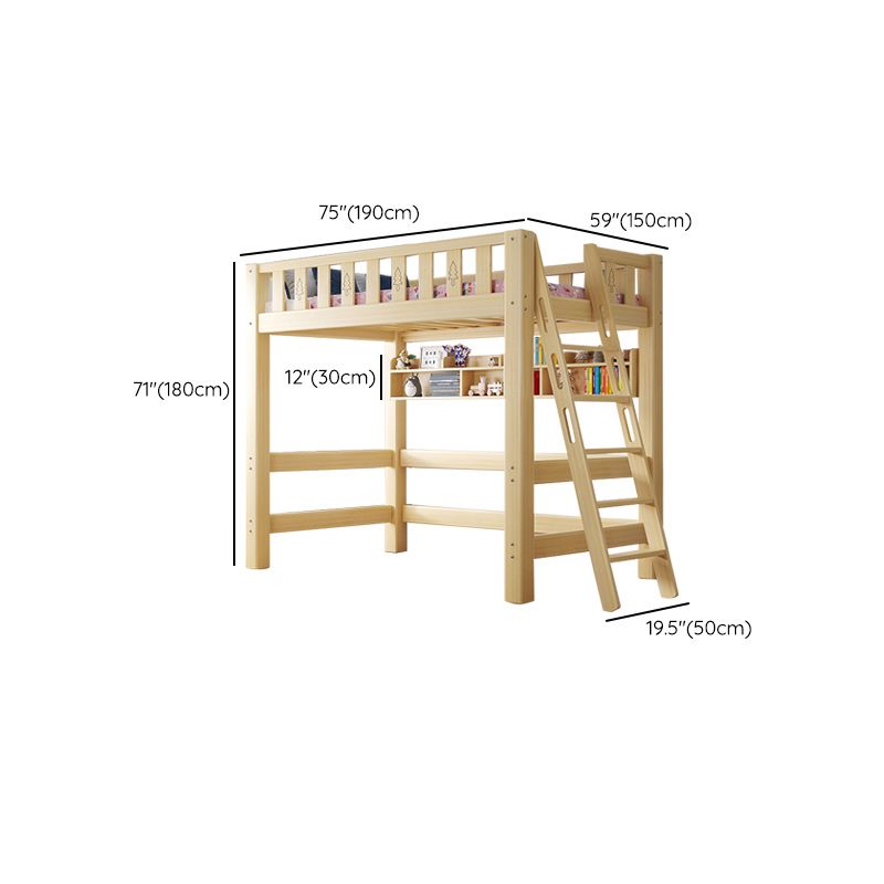 Contemporary Loft Bed Natural Solid Wood Kids Bed with Guardrail