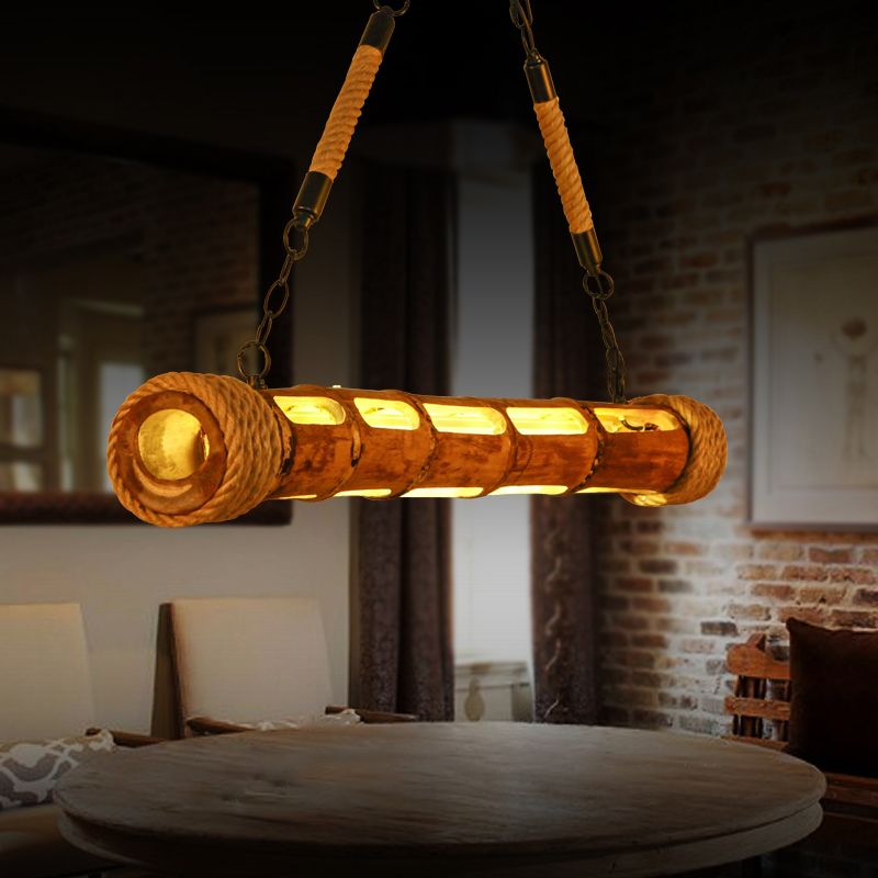 Bamboo Pole LED Suspension Light Fixture Lodge Style Dining Room Island Lamp in Wood