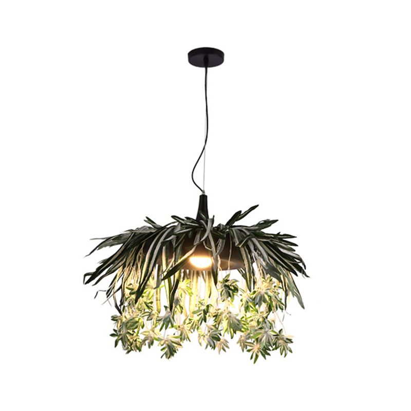 Single-Bulb Hanging Lamp Vintage Donut Metal Lighting Pendant with Artificial Plant in Green