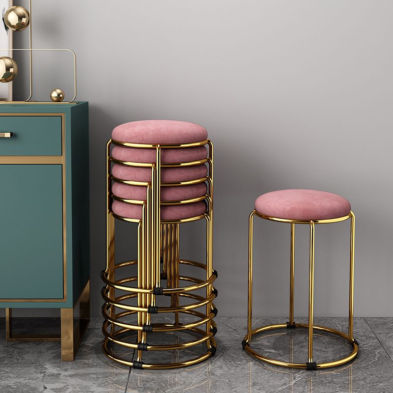 Velvet Upholstered Ottoman Solid Color Round Contemporary Metal Frame Ottoman