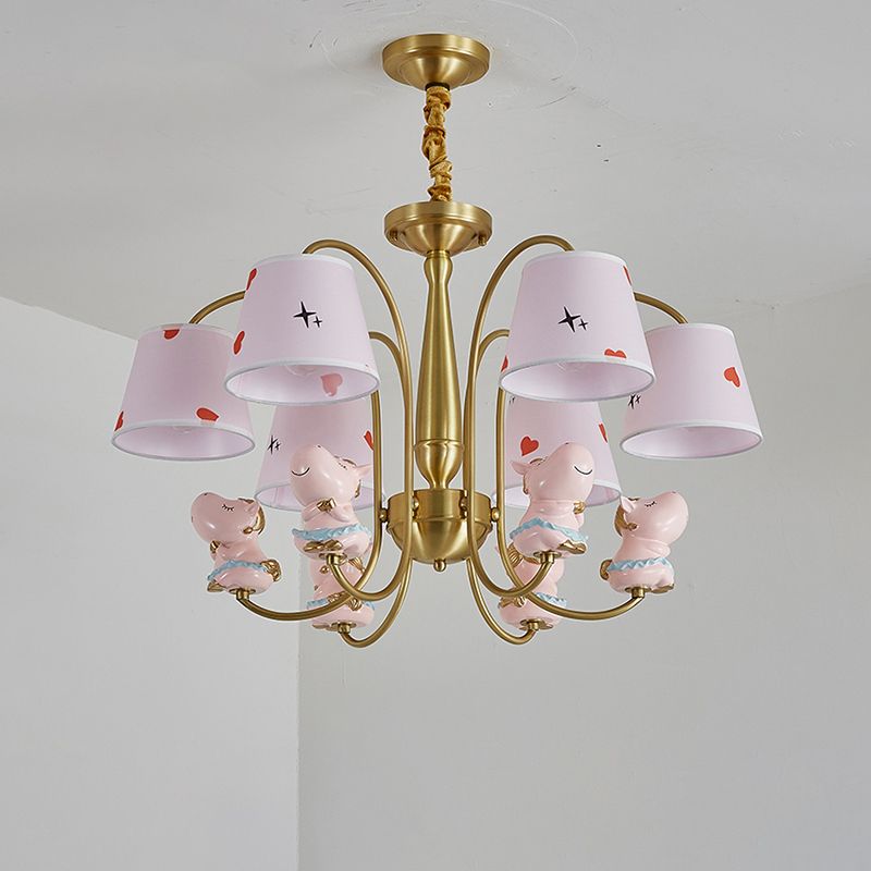 Animal Nursery Ceiling Lighting Resin Childrens Chandelier Light Fixture with Tapered Fabric Shade in Gold
