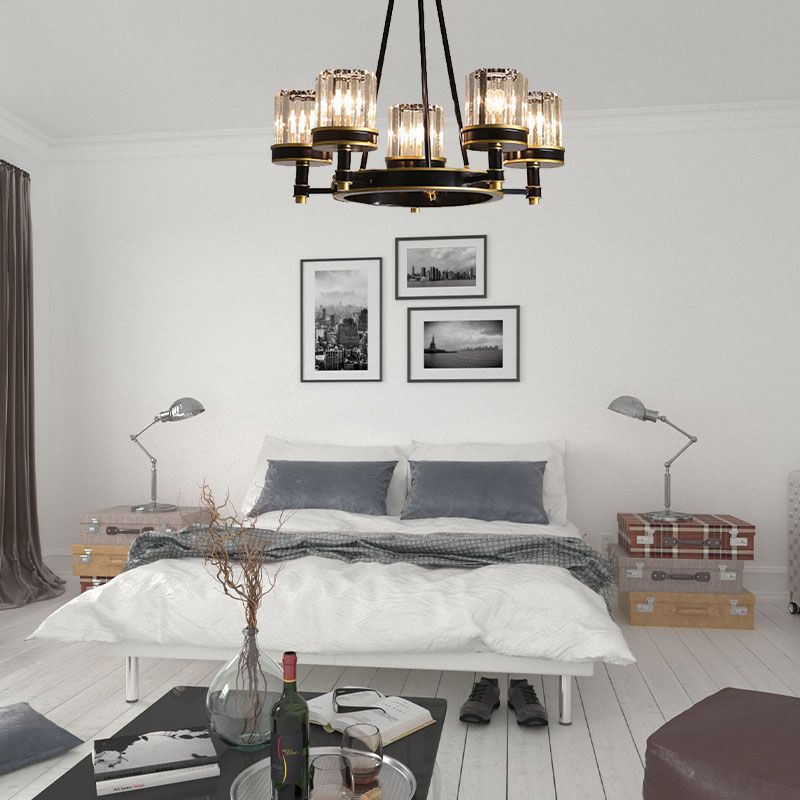 Modernist Cylinder Ceiling Chandelier Clear Crystal 5/6/8 Bulbs Living Room Pendant Lamp in Black