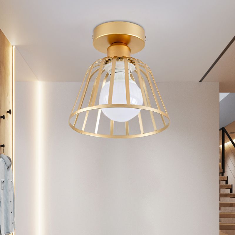 Minimalist Bowl Cage Semi Flush Lighting Iron 1 Bulb Corridor Ceiling Flush Mount in Black/Gold