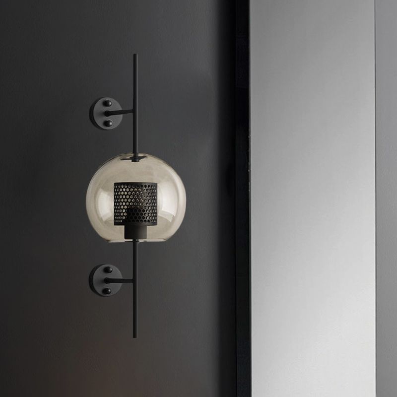 Colonial Sphere Wall Sconce 1 Head Smoke Gray Glass Wall Lighting in Black with Cylinder Wire Mesh Inside, 8"/10" Wide