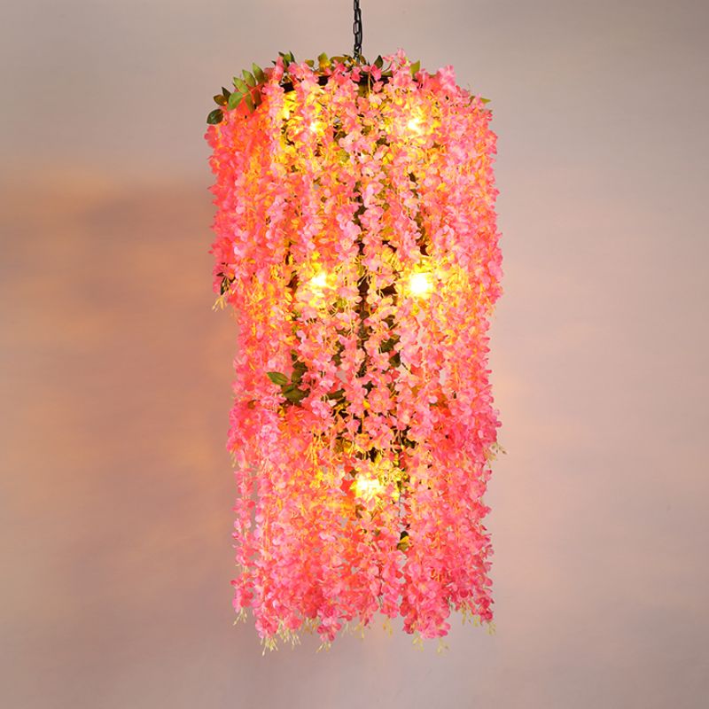 7-Head Metal Chandelier Lamp Loft Pink Tiered Restaurant Pendant Ceiling Light with Flower Decor