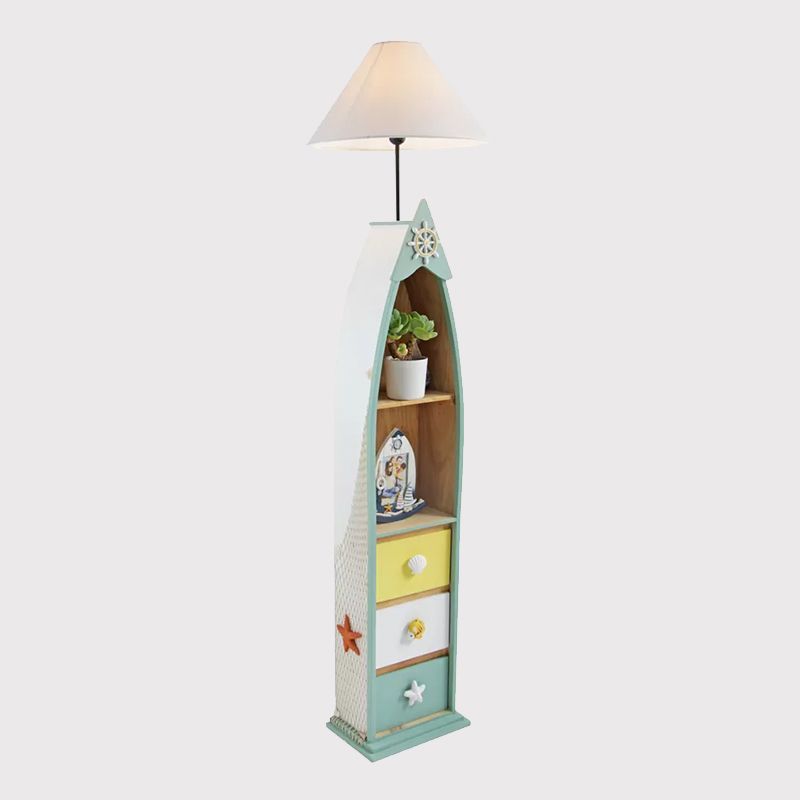 Lampada da pavimento a tavola da surf a surf in legno Bambini a testa singola rosa/verde/blu in piedi luce con tonalità in tessuto bianco cono