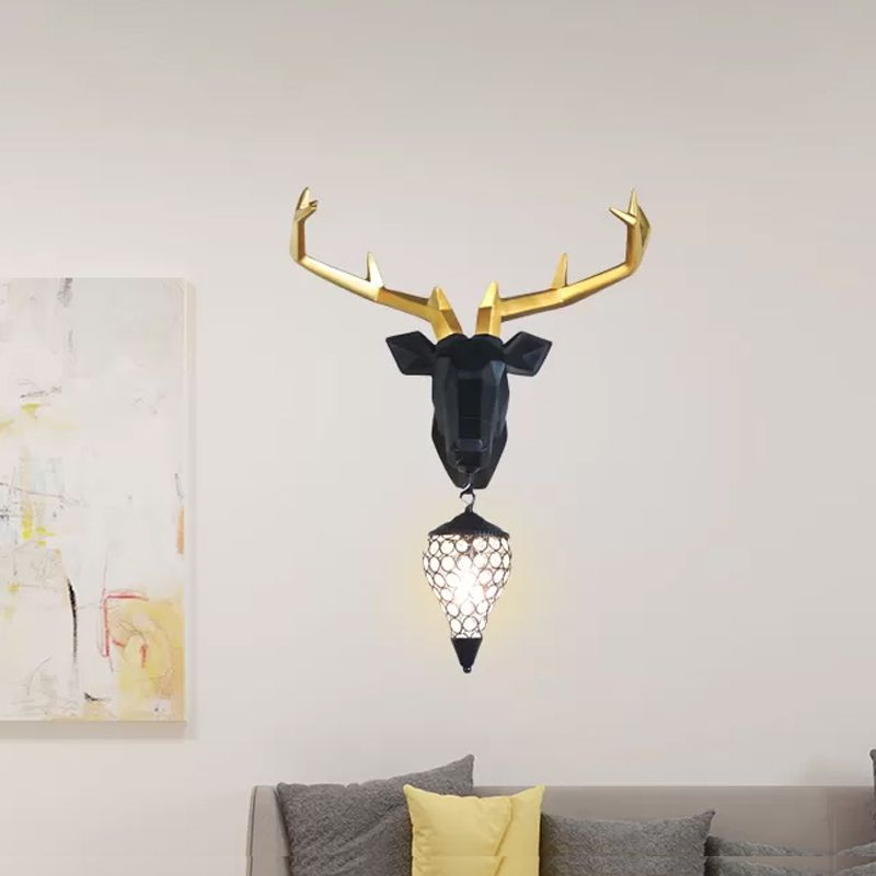 1 Light Wall Lamp Country Deer Resin Sconce Light Fixture in Black/Gold with Teardrop Crystal Shade