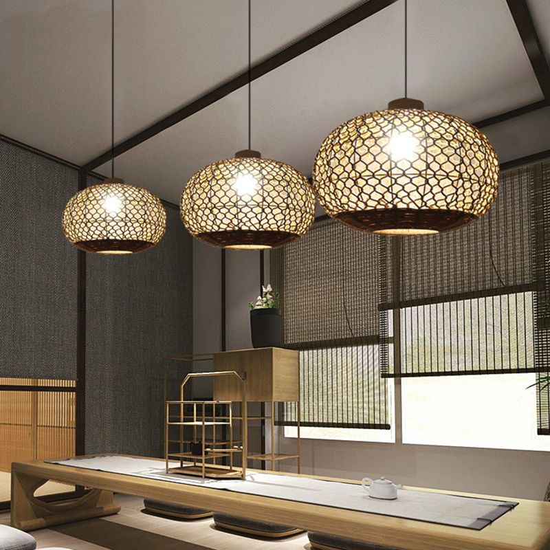 Oval Lantern Restaurant Pendant Lighting Hemp Rope Single Bulb Rural Hanging Lamp Kit in Flaxen