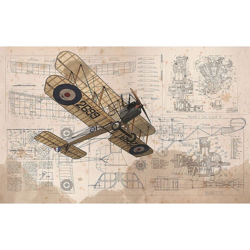 Old Airplane Wall Mural Decal for Children's Bedroom, Neutral Color, Customized Size Available