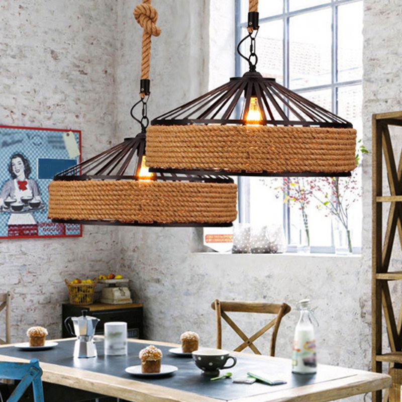 1 Head Suspension Lighting Farmhouse Rope Barn Shade Metal Drop Lamp in Black for Dining Room
