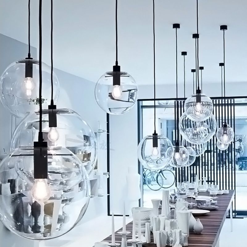 8"/10"/12" W Single-Bulb Cafe Hanging Lamp Simplicity Black Ceiling Pendant with Sphere Clear Glass Shade