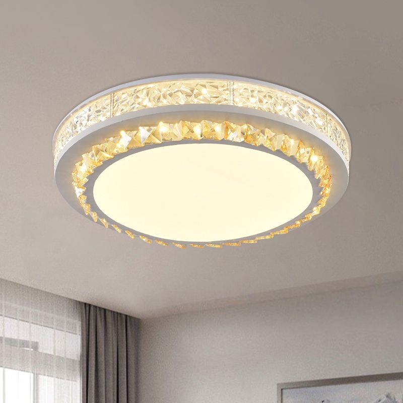 LED Flush Mount Lamp Modern Circular Clear Crystal Block Ceiling Mount in White for Living Room