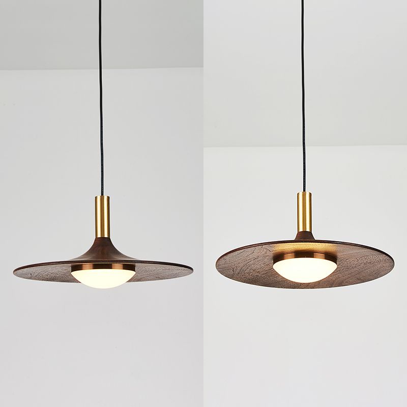 Wide Flared Walnut Wood Suspension Lamp Minimalist Dark Brown LED Pendant Lighting Fixture