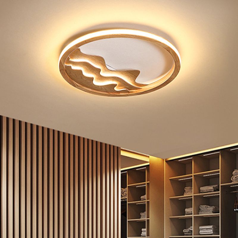 Ring Flush Mount Fixture Modern Wood 13"/15"/21" W LED Beige/White Flush Light for Bedroom, Natural/3 Color/Remote Control Stepless Dimming
