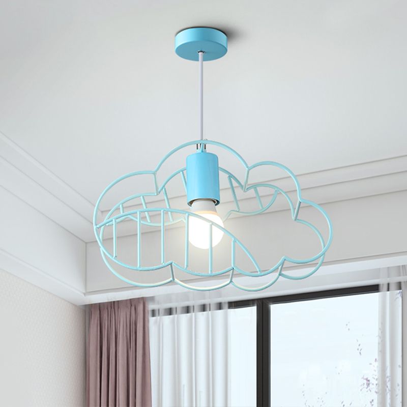 Creative Cloud Frame Metal Hanging Ceiling Light Single Bulb Pendant Light in Blue with Round Conopy