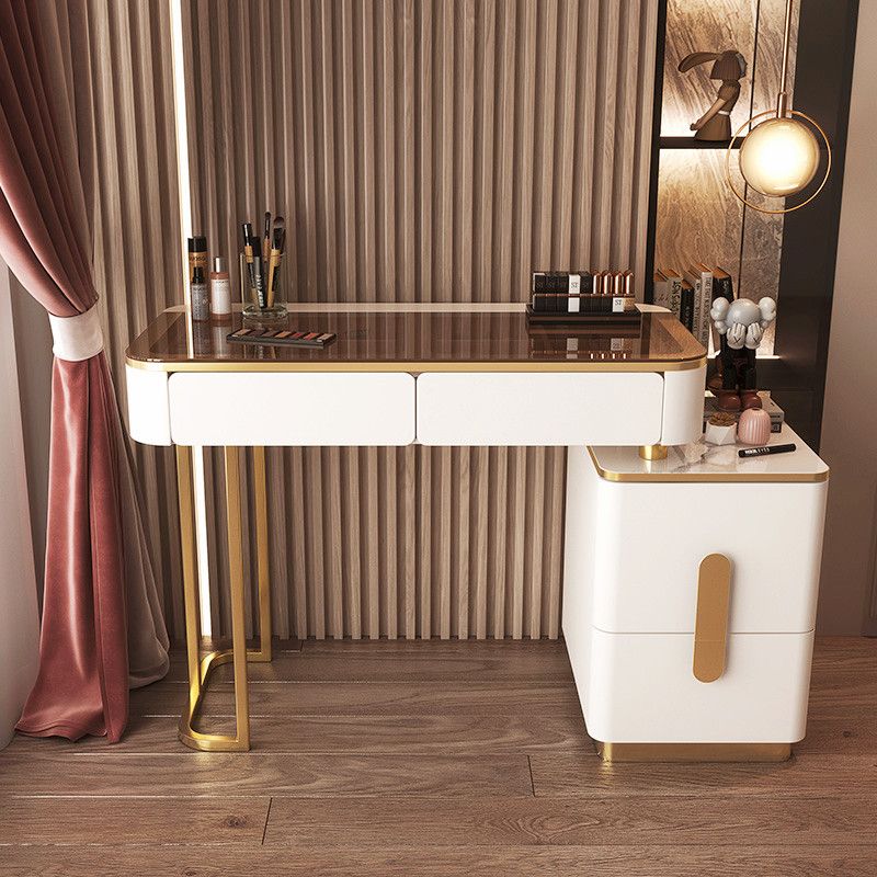 Glass Top Make-up Vanity Wood Dressing Table with  Storage Drawers