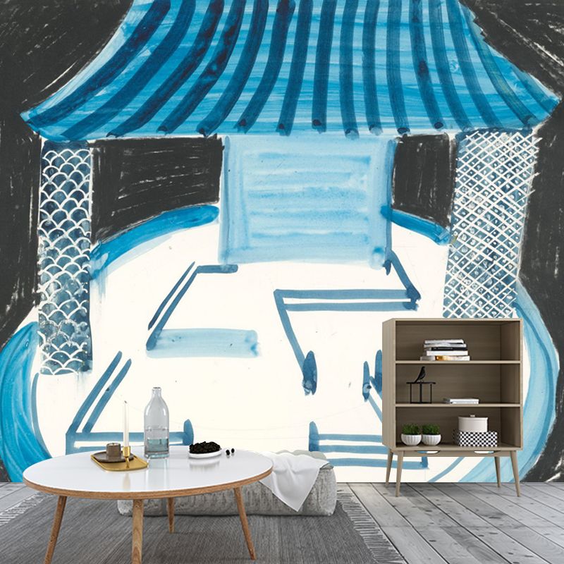 Illustration Asian Temple Mural Wallpaper for Living Room, Blue-White, Made to Measure