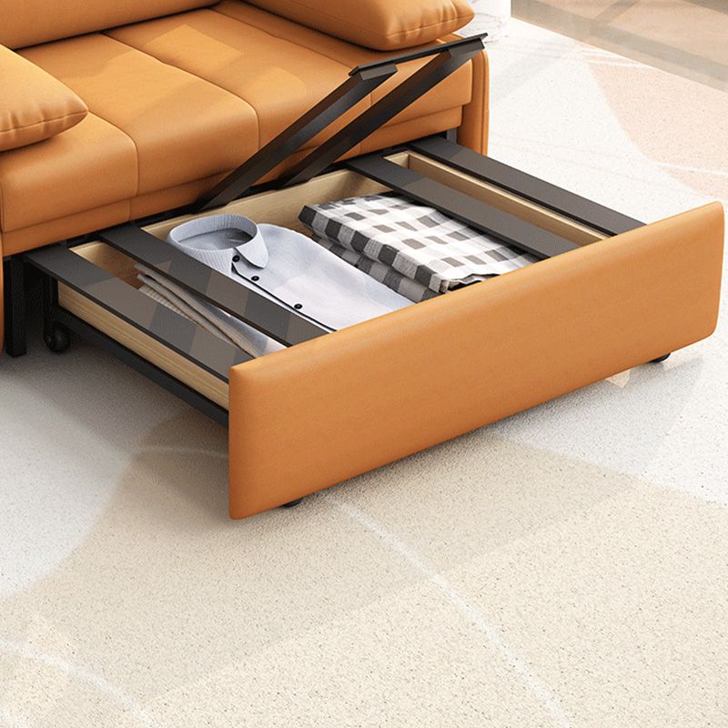 Modern Sofa Bed, Orange Faux Leather Futon and Mattress with Storage