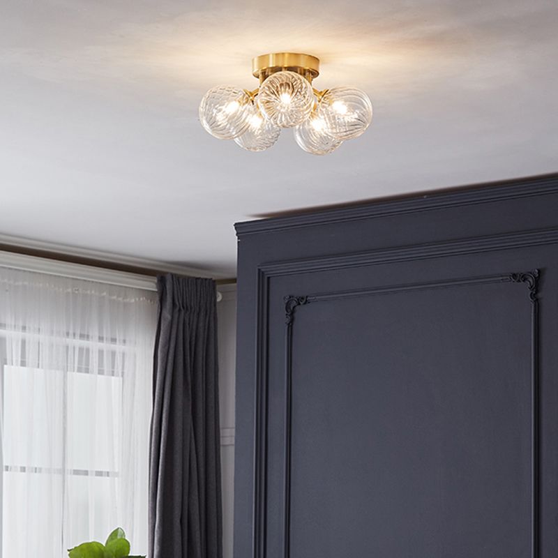 Post-Modern Ball Semi Mount Lighting Clear Twist Glass Dining Room Flush Ceiling Light in Brass