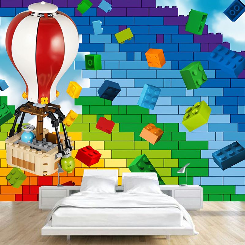 Full Illustration Contemporary Mural Wallpaper for Children with Toy Brick and Balloon Design in Multi-Color
