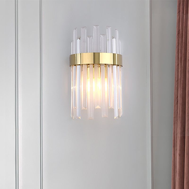 2 Heads Bedroom Wall Light Postmodern Black/Gold Sconce Light Fixture with Half-Cylinder Three Side Crystal Rod Shade