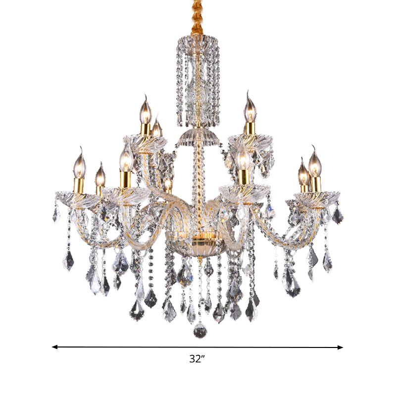 Curved Arm Chandelier Lamp Modern Beveled Crystal 10 Bulbs Living Room Drop Pendant in Brass