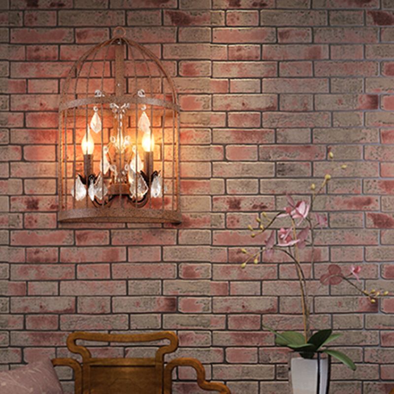 Birdcage Living Room Wall Sconce Industrial Clear Crystal Glass 2 Heads Rust Wall Lighting Fixture