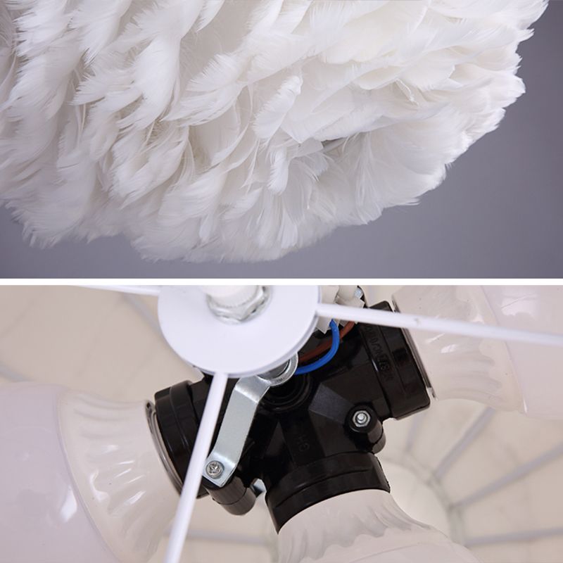 White Drum Pendant Light in Modern Creative Style Wrought Iron Chandelier with Feather Shade