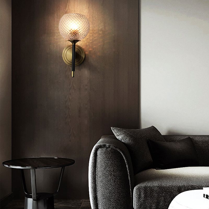 Lattice Glass Wall Mount Lamp with Dome Shade Mid-Century 1 Light Flush Mount Wall Sconce in Brass for Corridor