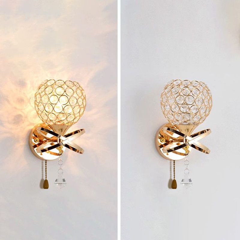 Modern Pull-Chain Wall Lamp Gold Global Wall Mounted Light with Crystal Shade