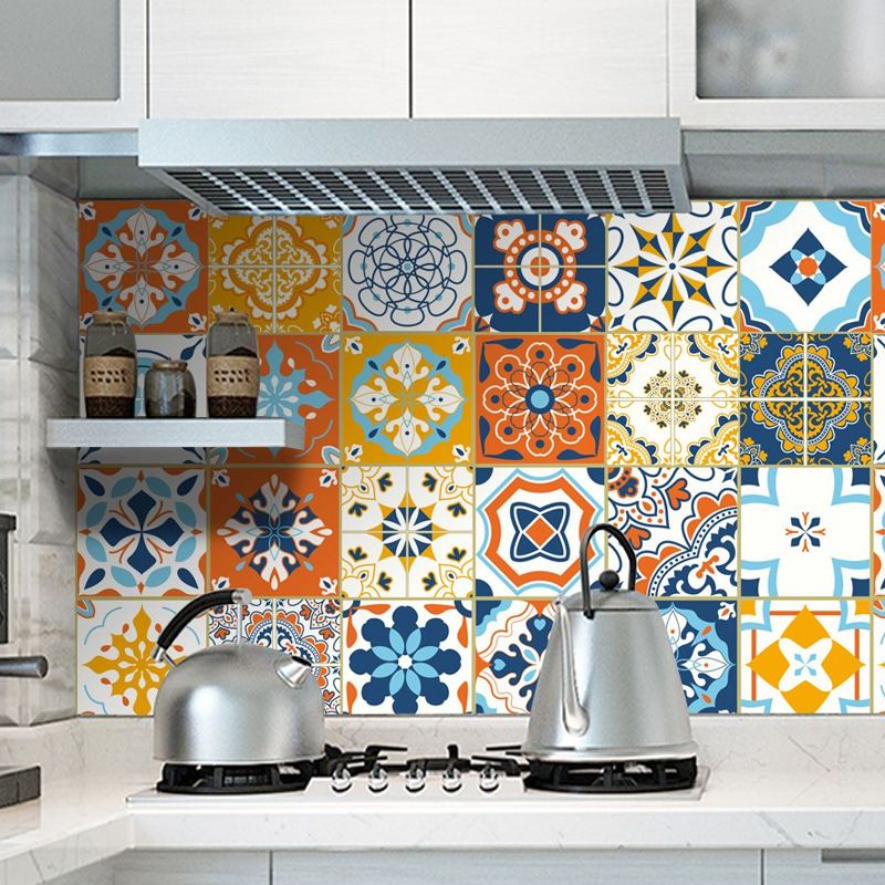 Boho Faux Tile Wallpaper Panel Set Orange-Blue Peel and Stick Wall Art for Bathroom