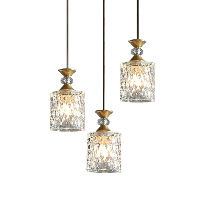 Cylindrical Crystal Cluster Pendant Light Luxurious 3 Lights Restaurant Down Lighting in Gold