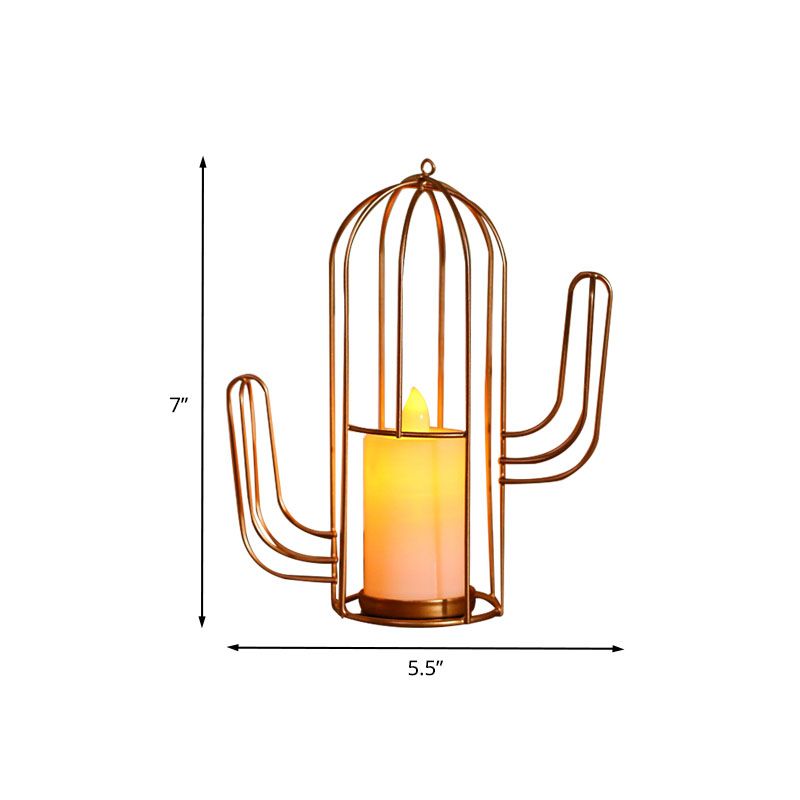 Lámpara de mesa de estilo vela Niños Iron Golden Led Night -mes de noche con jaula de triángulo/cactus