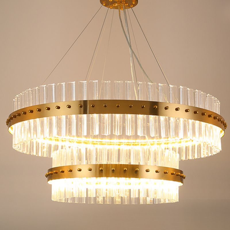 Gold Plated Round Chandelier Lamp Minimalist Crystal LED Hanging Light with Riveted Detail