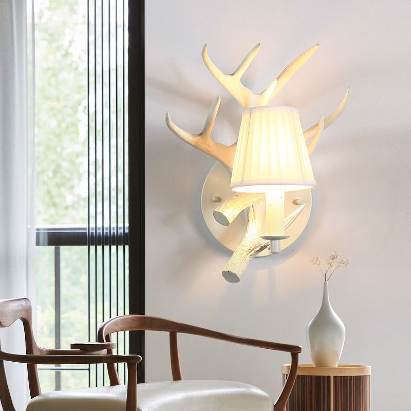 1 Light Resin Wall Lamp Rustic White Cone Dining Room Sconce Light Fixture with Elk Backplate