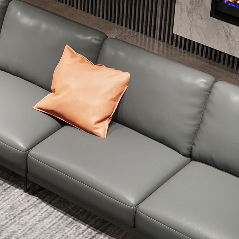 Square Arm Grey Pillowed Back Cushions Splayed Wooden Legs Sofa