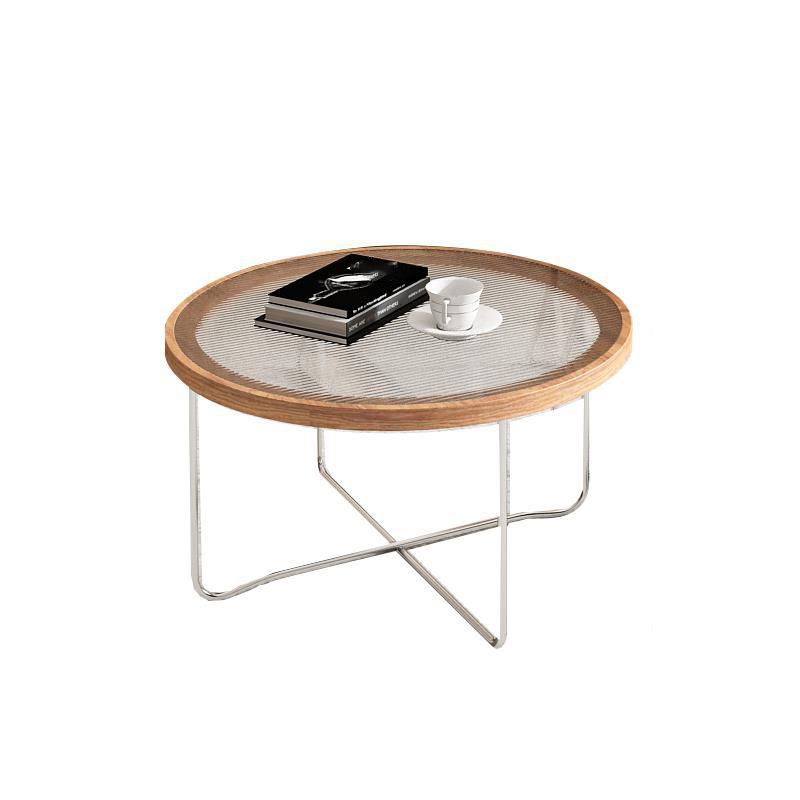 Cross Legs Base Design Cocktail Table Glass Desktop Round Coffee Table with Metal Base