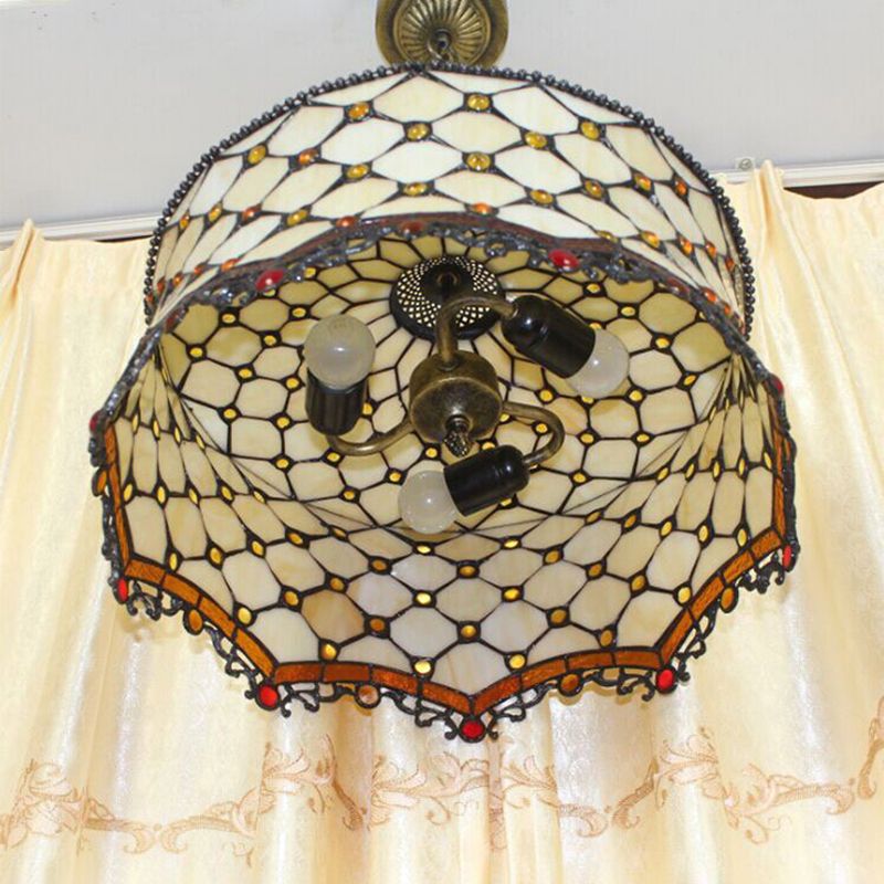 Beige Jeweled Ceiling Lamp Tiffany Stylish 3 Heads Stainless Glass Pendant Lighting with Drum Shade