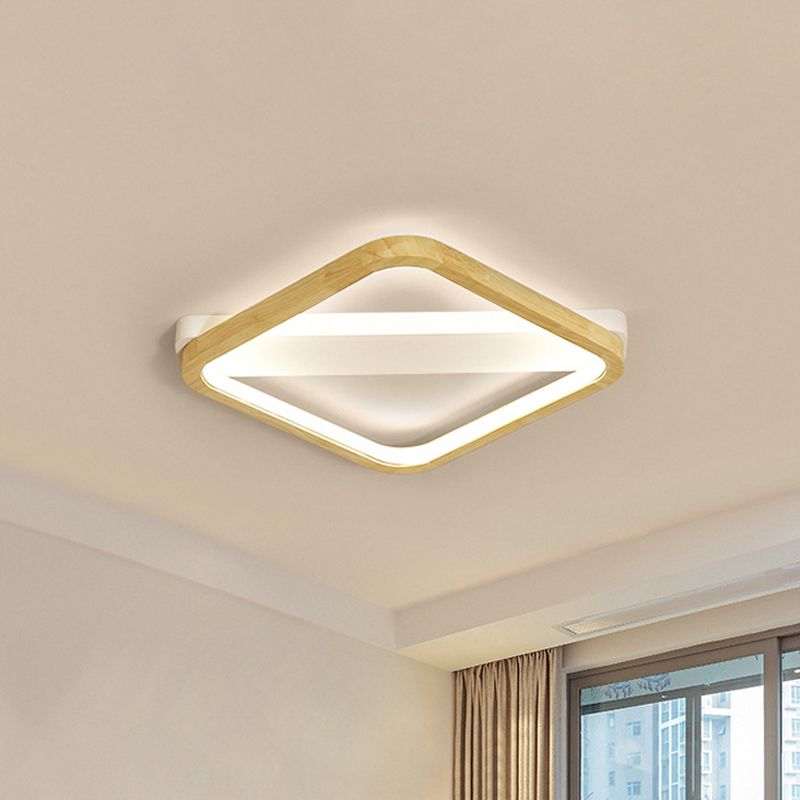 Rhombus Sleeping Room Ceiling Fixture Wood 13"/17"/21" Width LED Minimalism Flush Mount Light in Beige