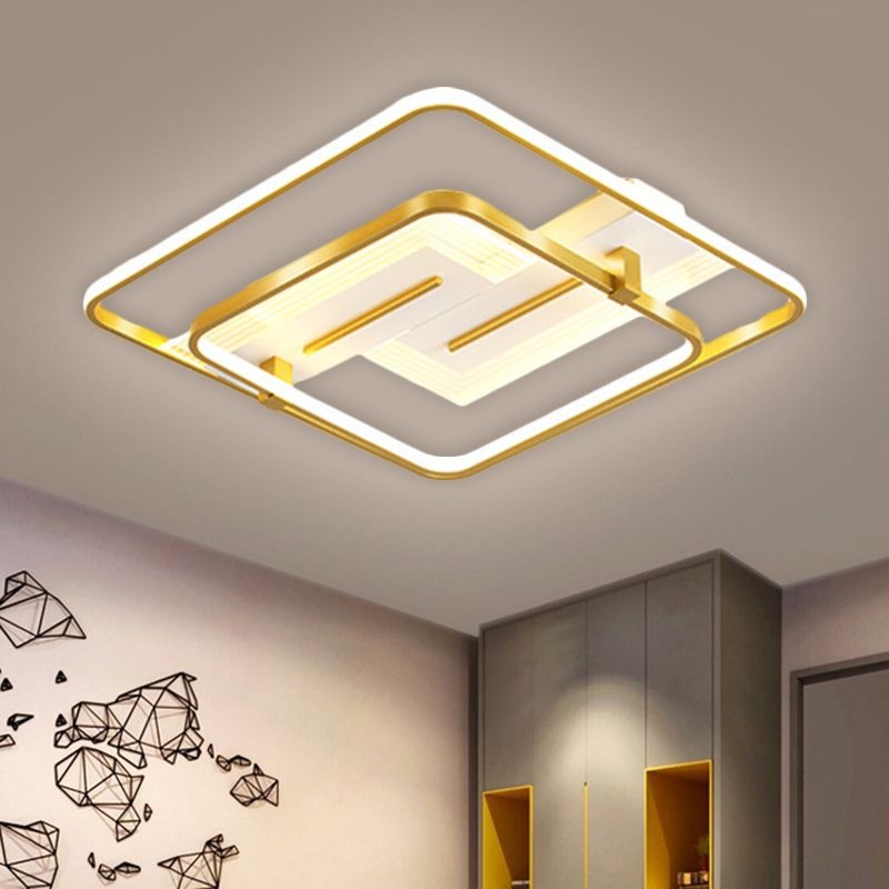 Metallic 2-Square Ceiling Flush Modern LED Gold Flush Mount Lamp in Warm/White Light, 18"/21.5" Wide