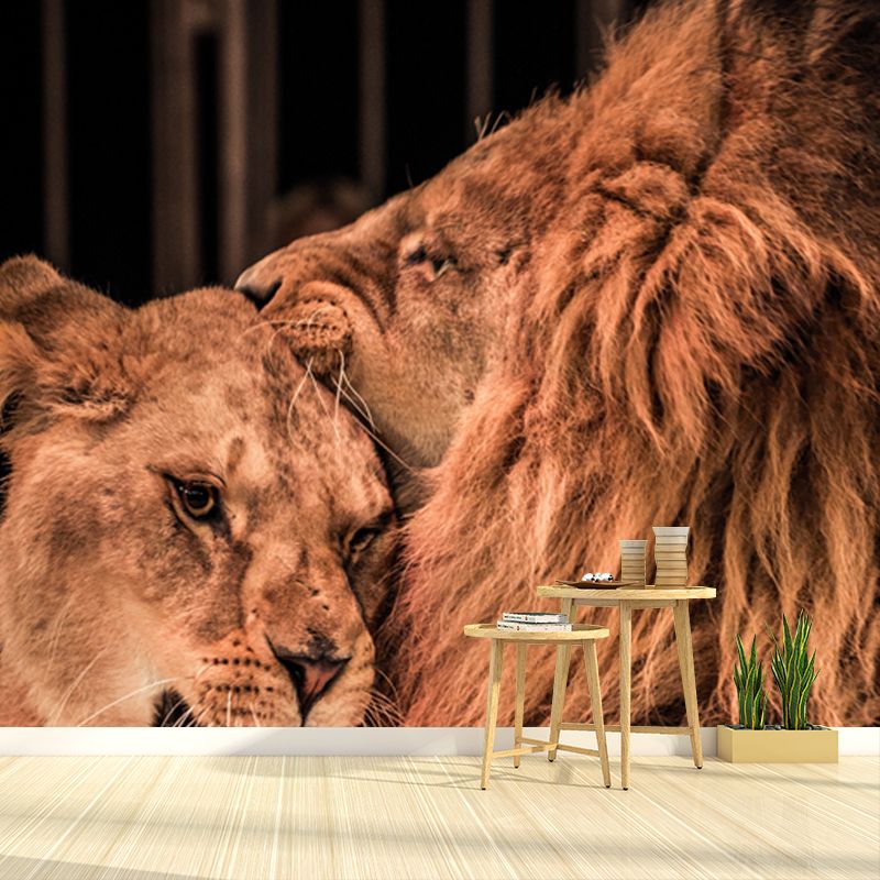 Contemporary Lions in Cage Mural Brown Stain Resistant Wall Decor for Living Room