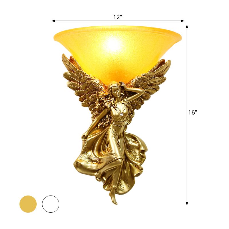 Frosted Glass Bell Shade Wall Lighting Traditional 1 Bulb Corridor Wall Light Sconce with Resin White/Gold Angel Backplate, Right/Left